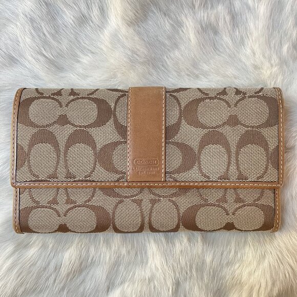 Coach Signature Canvas & Leather Checkbook Wallet With Snap Closure & Zip Pocket - Picture 1 of 10